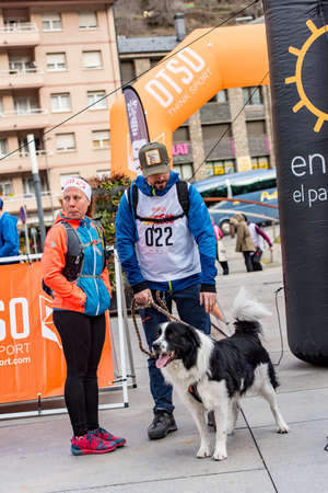 Encamp, Andorra : 1 March 2020 : People and dogs in the amateur race in Encamp. Canicross in Andorra.のeditorial素材