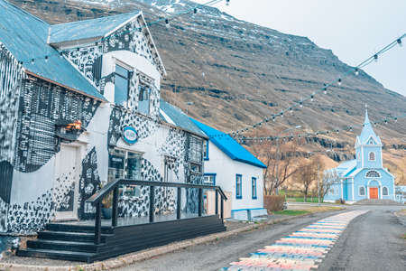 Seydisfjordur Iceland - May 16. 2017: Church in Town center of Seydisfjordur in east Iceland.のeditorial素材