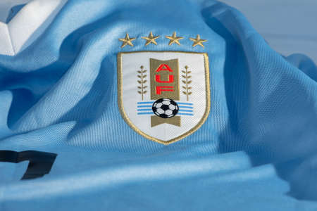 Canillo , Andorra - 9 abril 2020 - Logo of Uruguay football national team federation printed on shirt, AUF Asociacion Uruguaya de Futbol.のeditorial素材