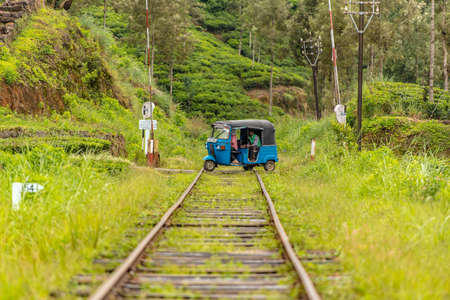 Haputale, Sri Lanka - november 23, 2019: Tuk Tuk croos the street in Tea Factory in tea plantation near Haputale. Sri Lanka.のeditorial素材