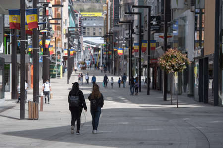 Andorra La Vella : 2020 April 18 : Andorra city center La vella, the capital of Andorra, all closed due to confinement by the COVID-19 virus, in the afternoon the main street called Meritxell.のeditorial素材