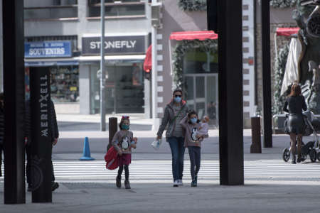 Andorra La Vella : 2020 April 18 : Andorra city center La vella, the capital of Andorra, all closed due to confinement by the COVID-19 virus, in the afternoon the main street called Meritxell.のeditorial素材