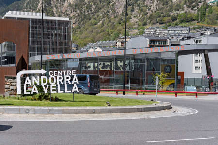 Andorra. Andorra La Vella. 29 April 2020. Bus station of Andorra la Vella in sunny day. Confinement by the COVID-19 virus, in the afternoon.のeditorial素材