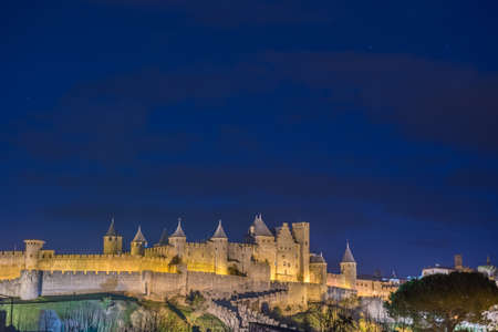 Medieval Castle at Carcassonne in twilight. Franceのeditorial素材