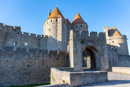 Medieval Castle at Carcassonne in twilight. Franceのeditorial素材