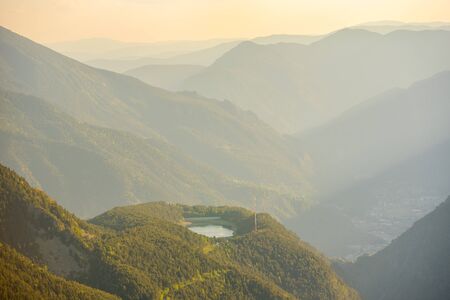 View from Cap de Rep towards Engolasters, you can also see the city of Encamp and Andorra La Vella, Andorra.の写真素材