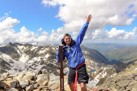 Ordino, Andorra : 2020 may 29 : Young men in the Beautiful view hiking in the Andorra Pyrenees Mountains in Ordino, near the Lakes of Tristaina.のeditorial素材