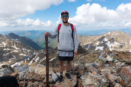 Ordino, Andorra : 2020 may 29 : Young men in the Beautiful view hiking in the Andorra Pyrenees Mountains in Ordino, near the Lakes of Tristaina.のeditorial素材
