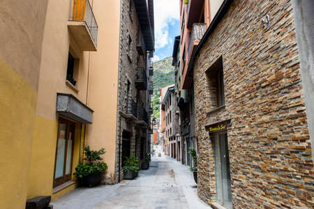 ESCALDES-ENGORDANY, ANDORRA - 2020 juny 8: Engordany Bridge and houses view in a snowfall day in small town Escaldes-Engordany in Andorra on juny 2020.のeditorial素材