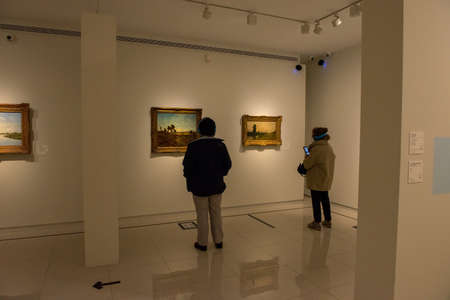Escaldes - Engordany, Andorra - June 17 2020 : Visitors in the museum Carmen Thyssen. The museum...