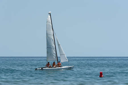 Castelldefels, Spain: 2020 June 25: Boats on the coast of Castelldefels in Barcelona in summer after COVID 19 on June 2020.のeditorial素材