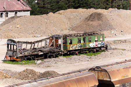 Canfranc, Spain - May 1, 2019: Wagon in the Abandoned railway station of Canfranc Huesca Spain
