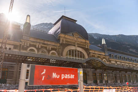 Canfranc, Spain - May 1, 2019: Main biulding in the Abandoned railway station of Canfranc Huesca Spainのeditorial素材