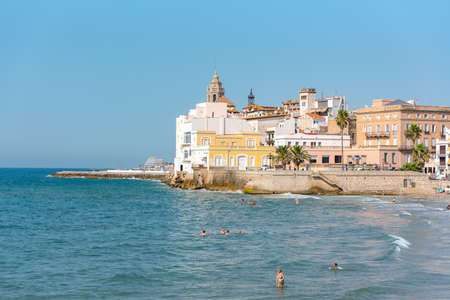 Sitges, Catalonia, Spain: July 28, 2020: People in the beach in Sitges in summer 2020.のeditorial素材