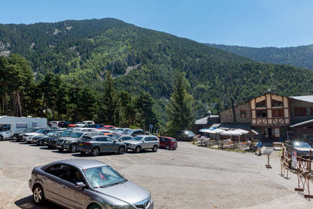 Escaldes Engodany, Andorra: 20 August 2020: Cars parked in the Engolasters lake parking in Escaldes...