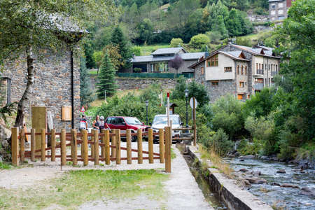 Ordino, Andorra: 26 August 2020: People enjoying the Valira del Orient river in Cami Ral in summer...