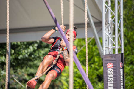Encamp, Andorra: 2020 Sept 05: Competitors participate in the 2020 Spartan Race obstacle racing challenge in Andorra, on September 05, 2020.のeditorial素材