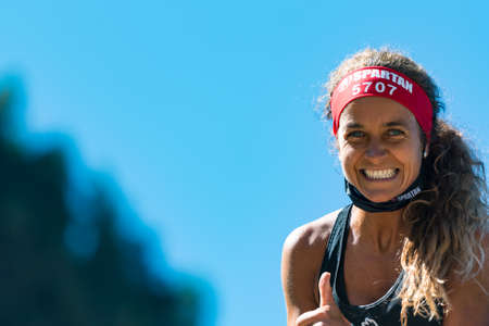 Encamp, Andorra: 2020 Sept 05: Competitors participate in the 2020 Spartan Race obstacle racing challenge in Andorra, on September 05, 2020.のeditorial素材
