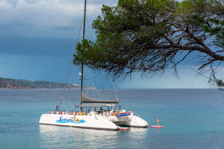 Cala Futadera, Spain : 2020 Sept 02 : Boats in the Beautiful Cala Futadera beach is one of the few remaining natural unspoiled beaches on the Costa Brava, Catalonia, Spain in summer 2020のeditorial素材