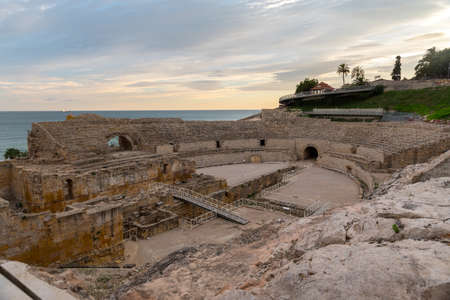 Sunny day in Tarragona Amphitheater in Spain - A UNESCO World Heritage Site in summer.のeditorial素材