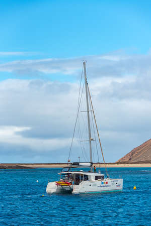 Corralejo, Fuerteventura, Spain: 2020 September 30: Boat in the sea near Isla Lobos in Fuerteventura in the Canary Islands in Spain.のeditorial素材