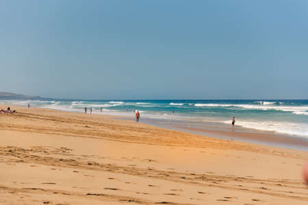 Fuerteventura, Spain: 2020 October 7: People in the Virgin beaches on the island of Fuerteventura. Cofete beach on the island of Fuerteventura, Spain.のeditorial素材