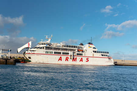 Corralejo, Fuerteventura, Spain: 2020 September 30: Ferry Armas in the port of Corralejo in Fuerteventura on The Canary Islands in Spain.のeditorial素材