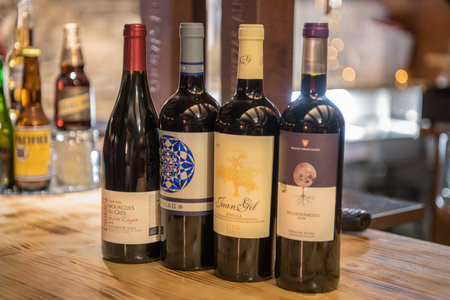 Arinsal, Andorra: 2020 December 02: Fine wines from France and Spain in a Mexican restaurant in Andorra in Winter 2020.のeditorial素材