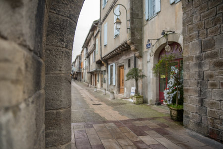 MIREPOIX, FRANCE - december 21, 2020: Old framework houses at main square of medieval village Mirepoix in southern Franceのeditorial素材