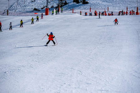 Grandvalira, Andorra: 2021 January 17: School ski class at the Grandvalira ski station in Andorra in...