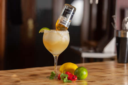 Arinsal, Andorra: 2021 February 4: Margachela at the bar of a Mexican restaurant in winter 2021.のeditorial素材