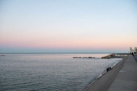 Barcelona, Spain - Febrary, 2021 - Sunset in Nova Icaria Beach in the Barcelona area on the Mediterranean on winter 2021のeditorial素材
