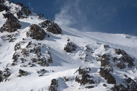 Ordino Arcalis, Andorra: 2021 February 24: Skiers in action at the Freeride World Tour 2021 Step 2 at Ordino Alcalis in Andorra in the winter of 2021.のeditorial素材