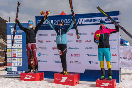 Arinsal, Andorra: 2021 March 4: KREUZER Victoria SUI, GACHET MOLLARET Axelle FRA and ALEXANDERSSON Tove SWE in the finish line ISMF WC Championships Comapedrosa Andorra 2021 Vertical Race.のeditorial素材