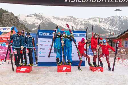 Arinsal, Andorra: 2021 March 3: Final podium with the teams of France, Switzerland and Italy in the ISMF WC Championships Comapedrosa Andorra 2021- Relay Race Women.のeditorial素材