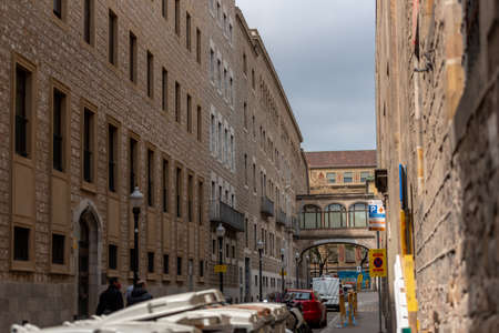 Barcelona, Catalonia: 2021 April 6: Houses in the streets of the El Raval neighborhood in the city of Barcelona in time of COVID 19 in 2021.のeditorial素材