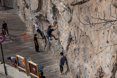 Ordino, Andorra: 2021 March 30: Spring climbing wall in Ordino, Andorra in the Pyrenees in 2021.のeditorial素材