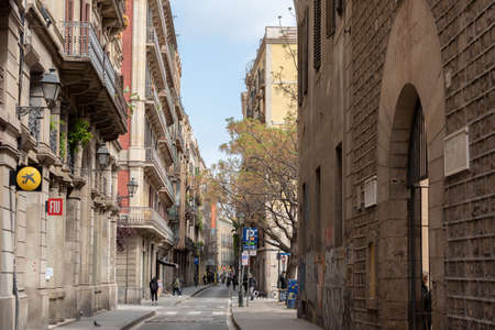 Barcelona, Catalonia: 2021 April 6: Houses in the streets of the El Raval neighborhood in the city...
