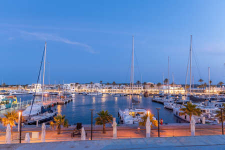 Formentera, Spain: 2021 May 26: Night view of the port of La Savina in Formentera summer 2021.のeditorial素材