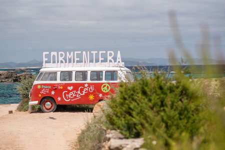 Formentera, Spain: 2021 May 29: Classic German Transporter van on Es Pujols beach in Formentera in the summer of 2021のeditorial素材