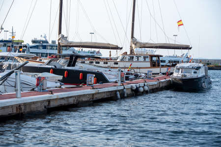 Formentera, Spain: 2021 June 14: Boats at the pier of La Marina de Formentera in Spain.