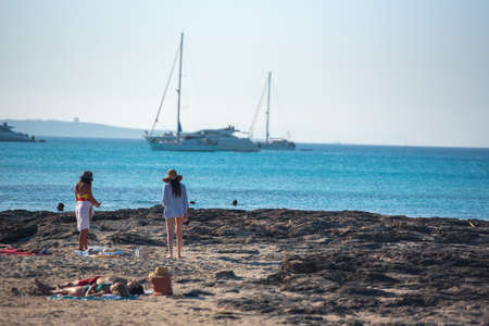 Formentera, Spain. 2021 July 7. People enjoying Es Calo beach in Formentera in the summer of 2021.のeditorial素材