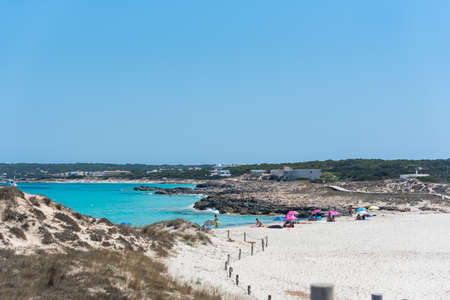Formentera, Spain: 2021 July 05: People in the Levante beach in Formentera, Spain in summer 2021.のeditorial素材