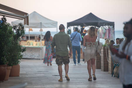 Es Pujols, Formentera, Spain: 2021 July 18: People in Es Pujols in Formentera in the Balearic Islands in Spain in the summer of 2021.のeditorial素材