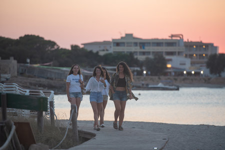 Es Pujols, Formentera, Spain: 2021 July 18: People in Es Pujols in Formentera in the Balearic Islands in Spain in the summer of 2021.のeditorial素材