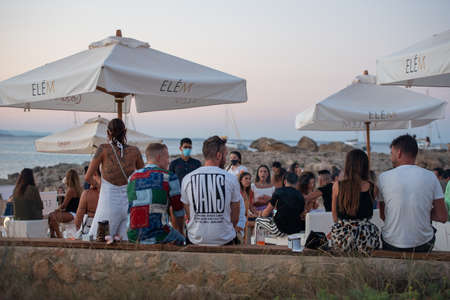 Es Pujols, Formentera, Spain: 2021 July 18: People in Es Pujols in Formentera in the Balearic Islands in Spain in the summer of 2021.のeditorial素材