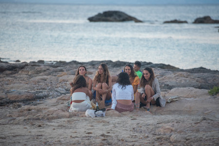 Es Pujols, Formentera, Spain: 2021 July 18: People in Es Pujols in Formentera in the Balearic Islands in Spain in the summer of 2021.のeditorial素材