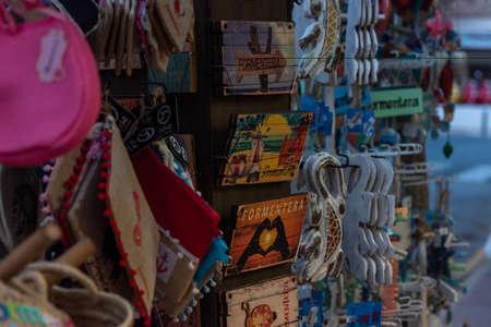 Es Pujols, Formentera, Spain. 2021 July 23. Tourist souvenirs in Formentera in times of covid19 in 2021.のeditorial素材
