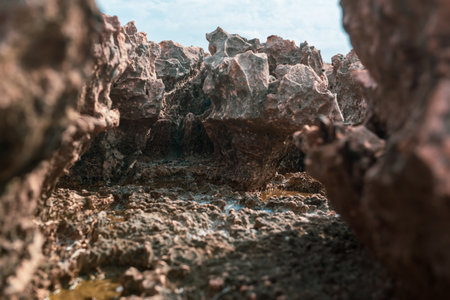 Rock formations at Punta Prima on the Island of Formentera, Spain.の写真素材