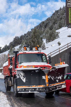 Canillo, Andorra: 2021 December 8: Snowplow truck in the town of Bordes d en Valira in Canillo, Andorra.のeditorial素材